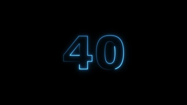 Forty number display neon bright flat style royal blue color animation. Glowing  royal blue neon countdown timer 40 number animation on black background.