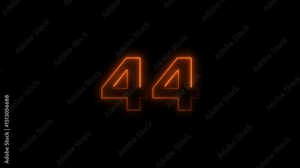 Poster forty four number display neon bright flat style orange color animation. glowing orange neon countdo
