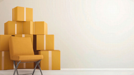 Stack of cardboard boxes with mustard chair in white interior