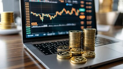 Golden cryptocurrency coins and laptop presenting the rise and fall of cryptocurrency market, financial stock market graph and charts, digital economy future background concept - Powered by Adobe