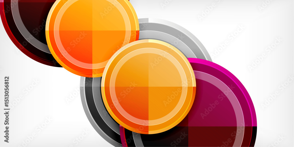 Poster abstract design features vibrant orange circles, layered with gray, purple curves. modern, dynamic c