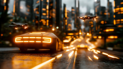 Fototapeta premium Dystopian cyberpunk cityscape with futuristic cars and drones
