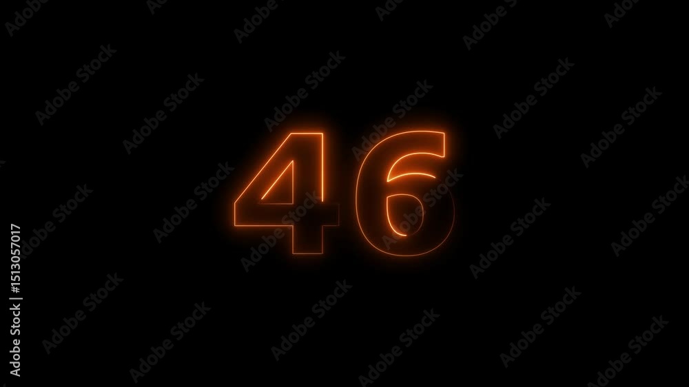 Poster forty six number display neon bright flat style orange color animation. glowing orange neon countdow