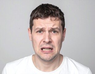 Obraz premium A surprised man with an open mouth, eyes wide in astonishment, stands against a blurred background, capturing a moment of pure disbelief.