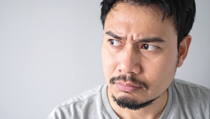 Fototapeta premium A man with sleek black hair and a well-groomed mustache, wearing a casual shirt, stands confidently with a warm smile against a blurred background.