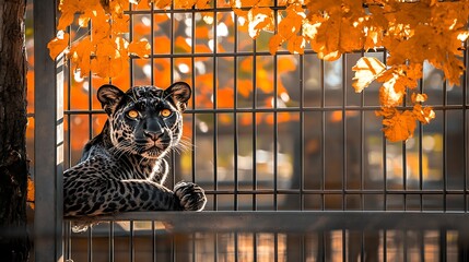 Black leopard in autumnal enclosure