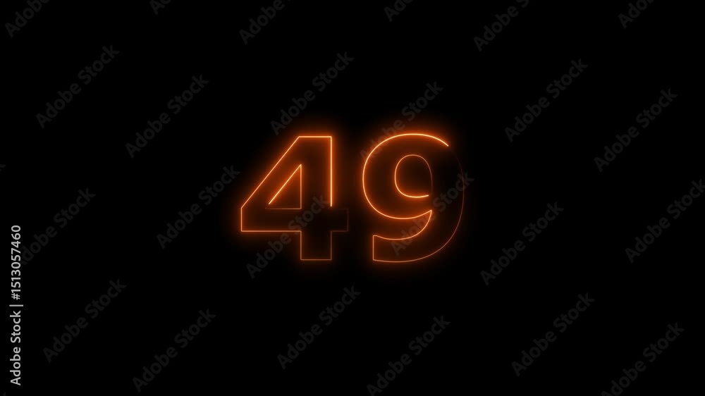 Poster forty nine number display neon bright flat style orange color animation. glowing orange neon countdo
