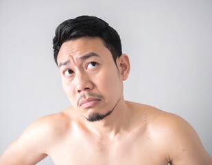 A muscular man with a confident expression stands shirtless, gazing directly at the camera against a blurred outdoor background, showcasing his toned physique.