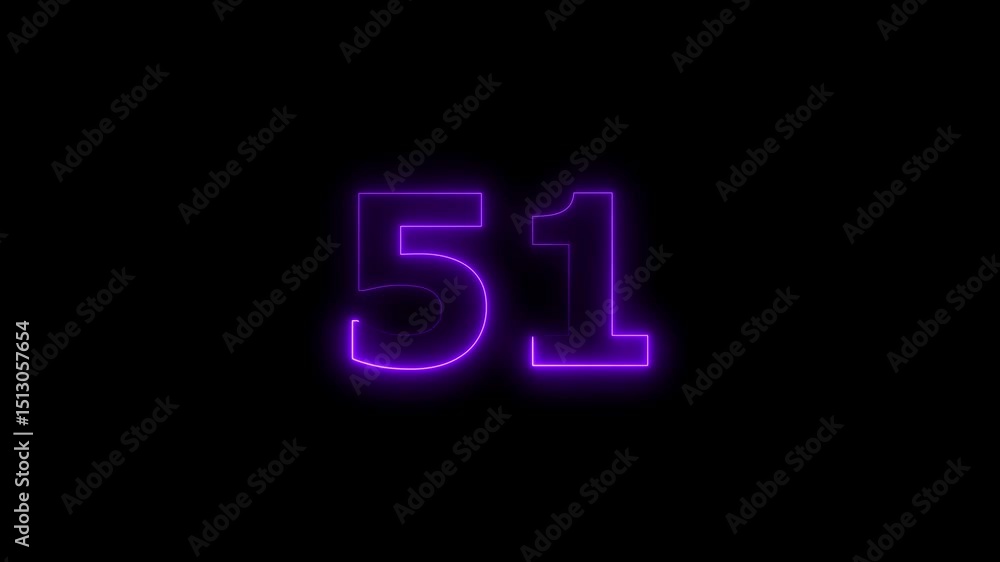 Poster fifty one number display neon bright flat style purple color animation. glowing orange neon countdow