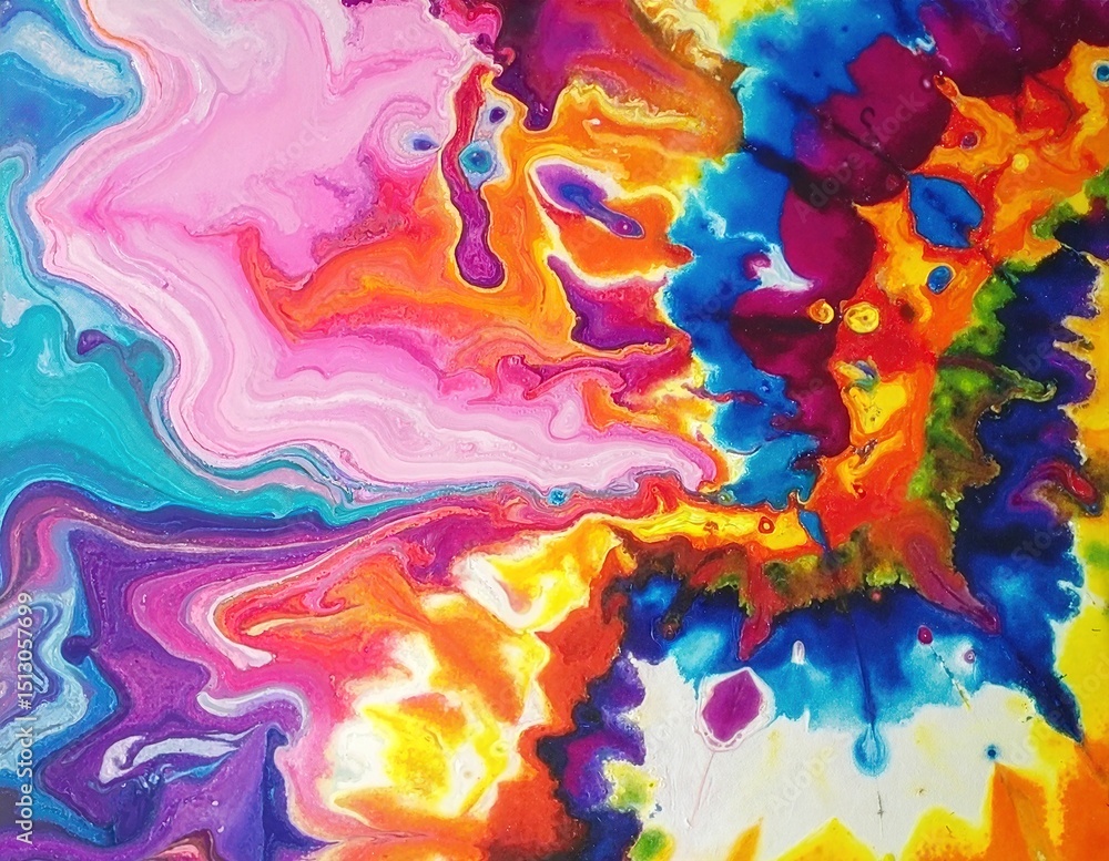 Poster a vibrant abstract painting showcasing swirling, colorful fluid paint in a mesmerizing blend of hues
