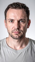 Fototapeta premium A young man with neatly styled short hair, wearing a casual blue shirt, stands confidently against a vibrant urban backdrop, smiling warmly.