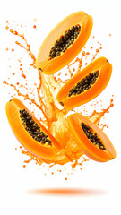 Vibrant papaya slices splashing in a burst of juice against a white background, highlighting freshness and vitality