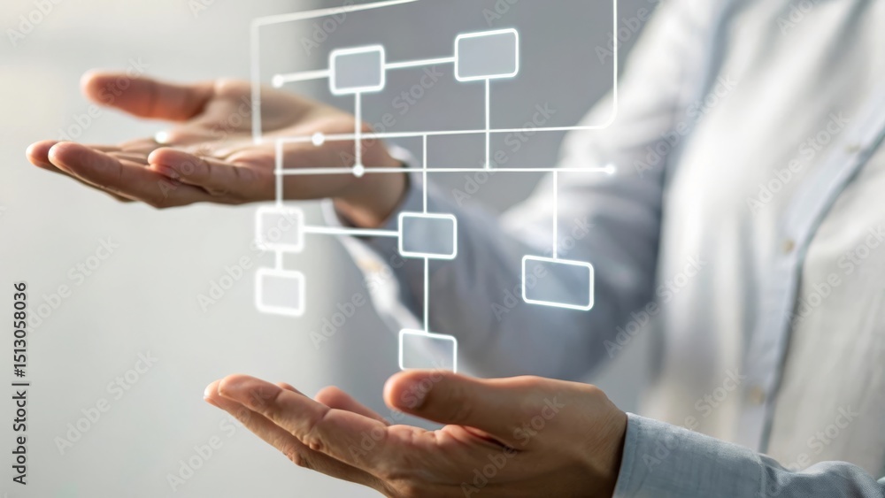 Aufkleber hands presenting a digital flowchart, symbolizing organization and technology concepts.