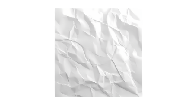 A close up of a crumpled white sheet of paper with  creating a simple design isolated on transparent background