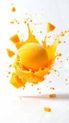 Vibrant splash of yellow ice cream ball surrounded by flying mango pieces against a clean white background