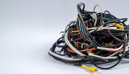 A tangled pile of colorful electrical wires, featuring various thicknesses and lengths, with some wires coiled and others loosely intertwined on a wooden surface.