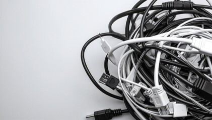A tangled pile of various cables and cords, including USB, HDMI, and power wires, overlapping and intertwining in a chaotic yet colorful arrangement.