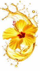 Vibrant yellow hibiscus flower surrounded by splashes of liquid, creating a dynamic and refreshing visual effect