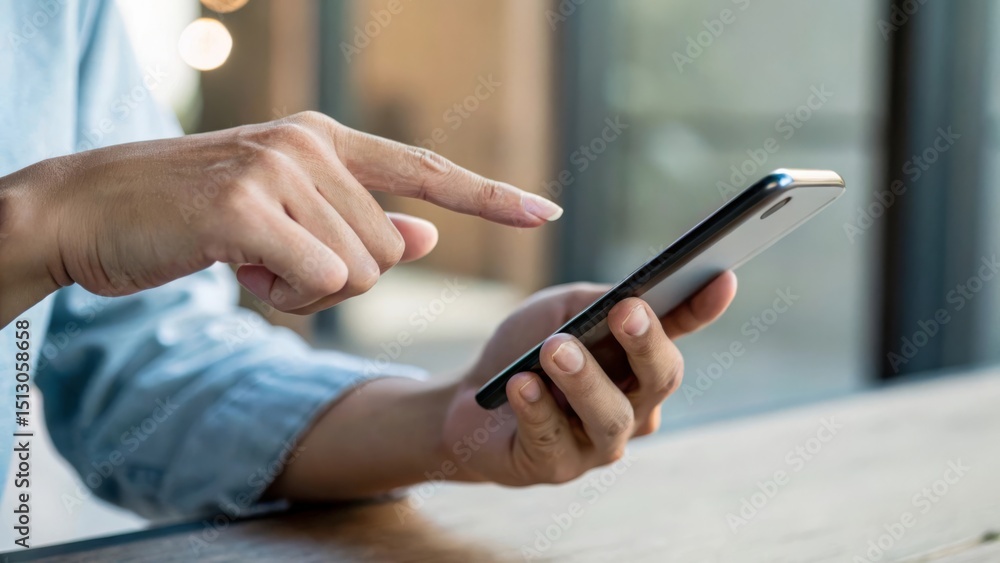Poster a person using a smartphone while sitting at a table in a modern environment.