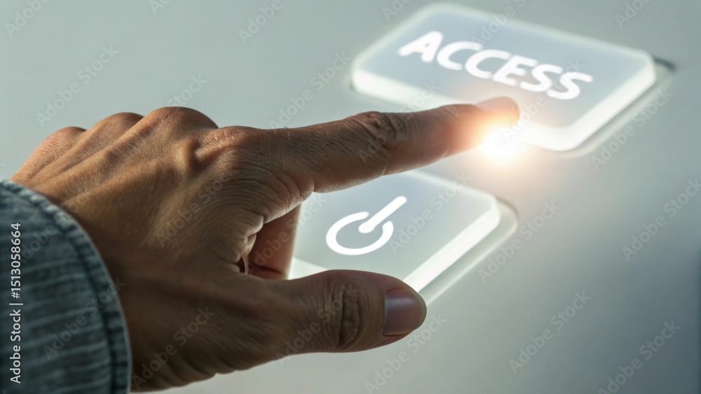 Poster a hand reaching to activate an access button on a sleek interface.