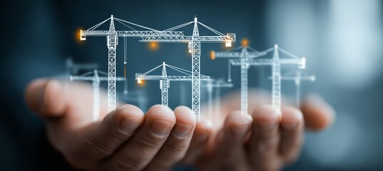 City buildings project construction sites development and tower cranes. Generative AI technology.	
