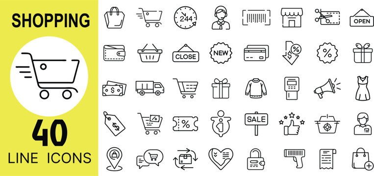 Shopping Icon Set &ndash; Cart, Bag, Store, Tag, Discount, Basket, Credit Card, Barcode, Checkout, Sale, Wallet, Delivery, Cash, Receipt, Box, Product, Payment Symbols