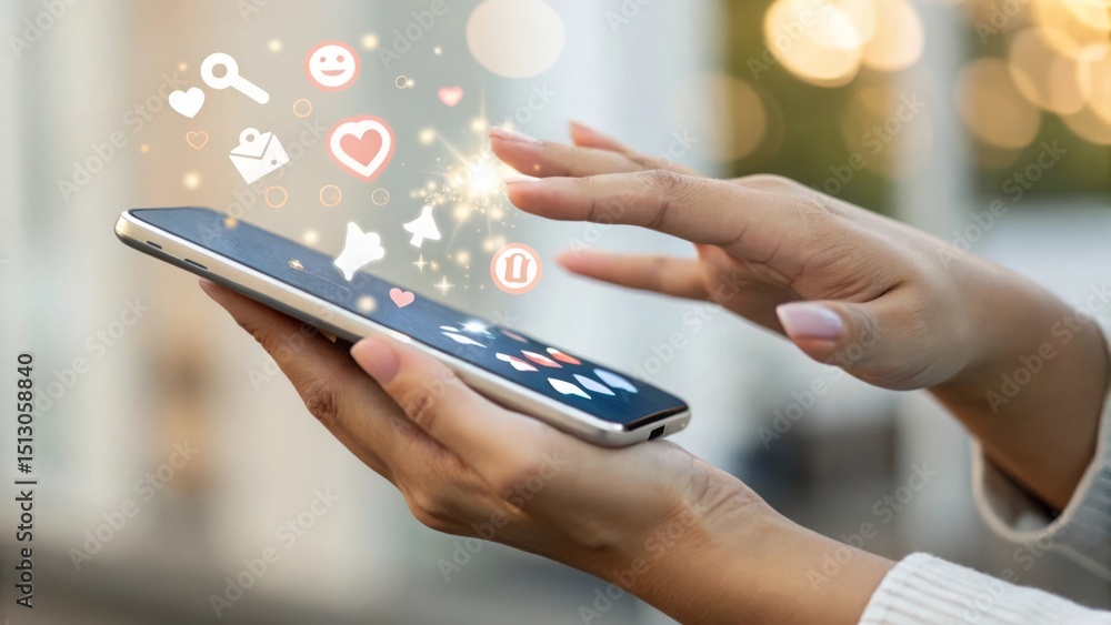 Poster hand using smartphone with floating social media icons and effects.