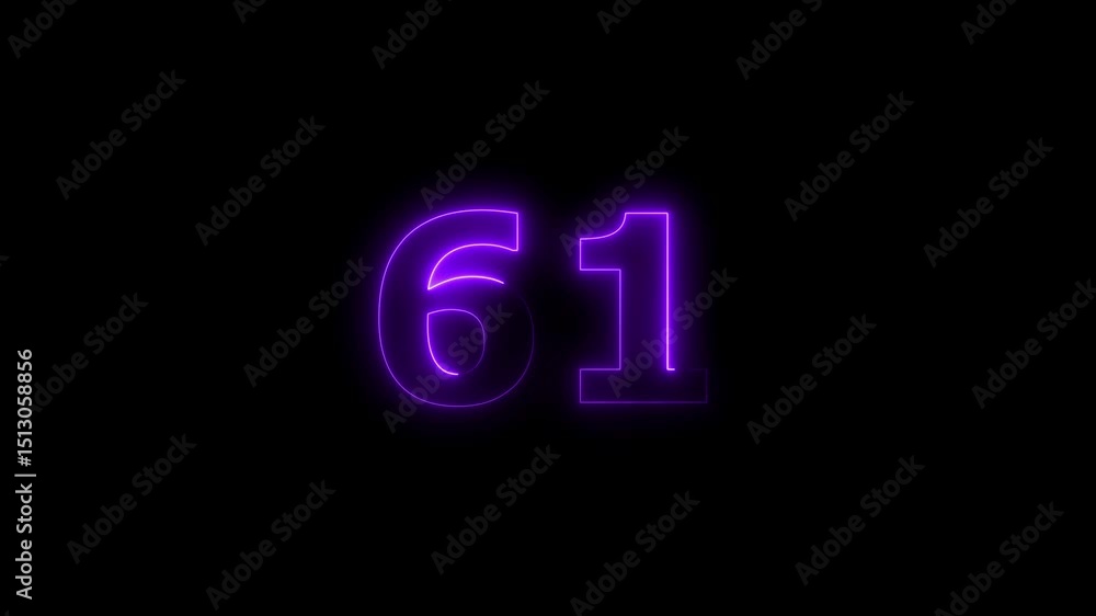 Poster sixty one number display neon bright flat style purple color animation. glowing orange neon countdow