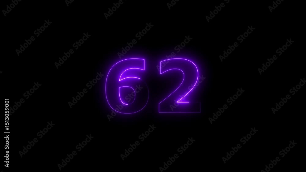 Poster sixty two number display neon bright flat style purple color animation. glowing orange neon countdow