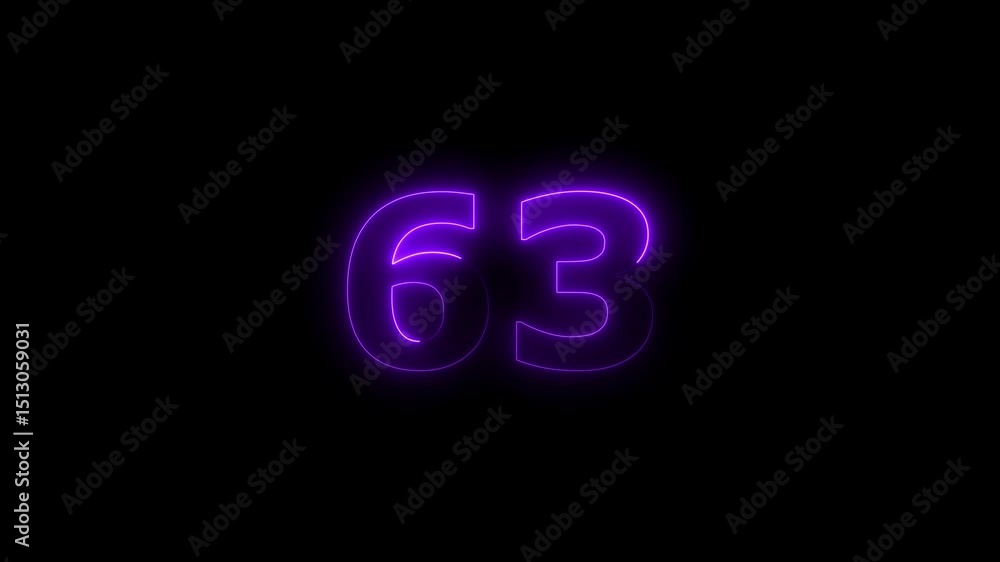 Poster sixty three number display neon bright flat style purple color animation. glowing orange neon countd