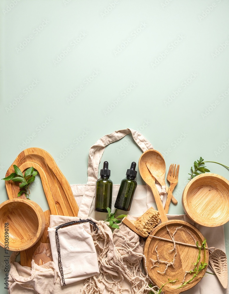 Poster a rustic wooden table adorned with an array of handcrafted wooden utensils and bowls, showcasing nat