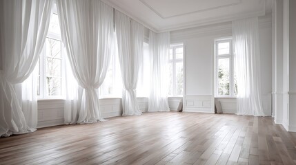 Elegant bright room featuring tall windows draped with sheer white curtains
