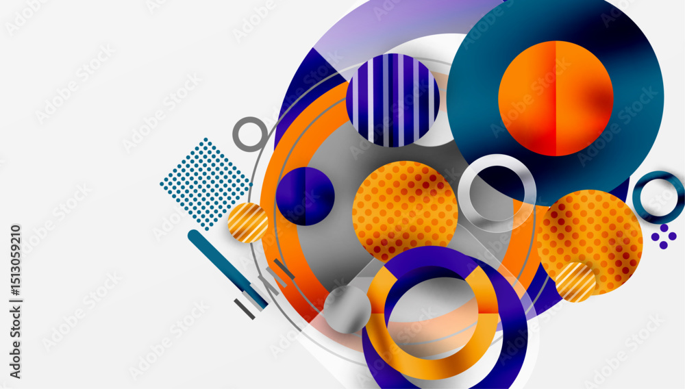 Poster Abstract composition featuring overlapping circles, stripes, rectangles. Modern design with vibrant orange, purple, blue hues. Minimalist aesthetic.