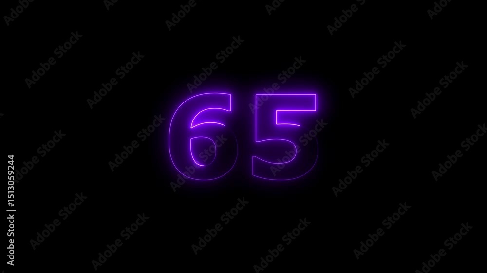 Poster sixty five number display neon bright flat style purple color animation. glowing orange neon countdo