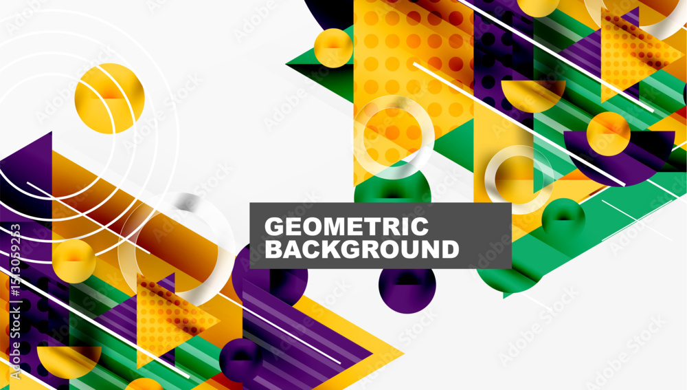 Poster abstract geometric design features vibrant shapes, circles, triangles, lines. modern style, bright c