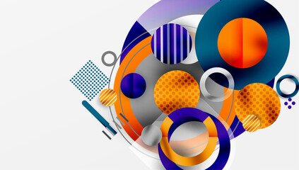 Abstract composition featuring overlapping circles, stripes, rectangles. Modern design with vibrant orange, purple, blue hues. Minimalist aesthetic.