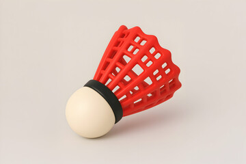 A close-up view of a red badminton shuttlecock resting on a neutral background, highlighting its structure and design