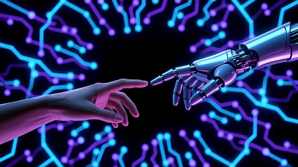 Robotic and human hands poised above a radiant blue purple neural grid with bright light nodes all around