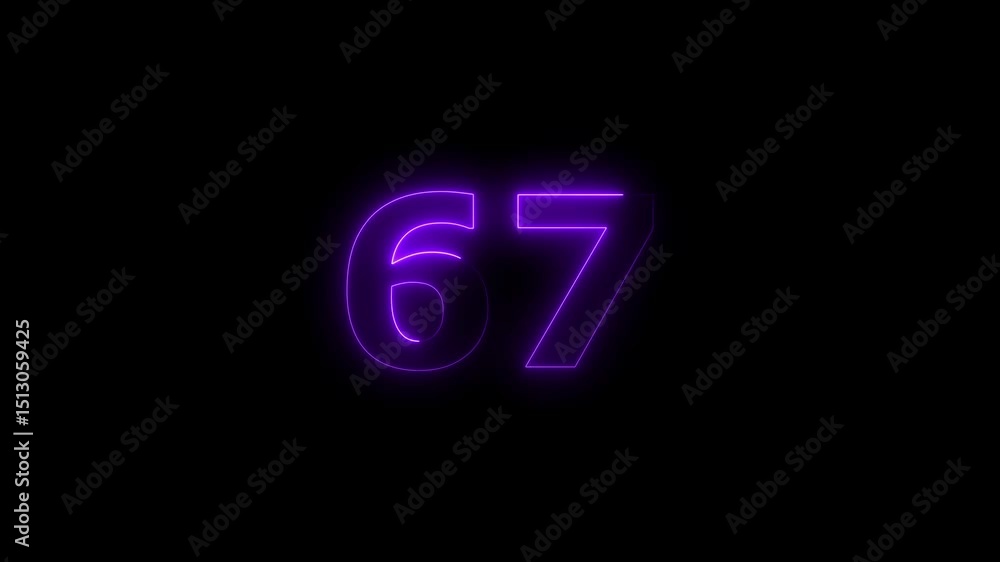 Poster sixty seven number display neon bright flat style purple color animation. glowing orange neon countd