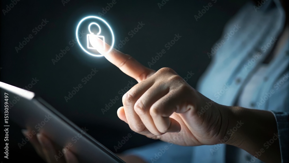 Aufkleber a hand interacting with a digital interface on a tablet in a dark environment.