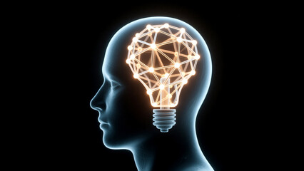 This photorealistic conceptual art shows an intricate glowing light structure materializing within a translucent human head silhouette against a clean dark background perfectly capturing the moment