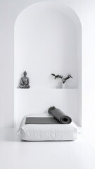 A bright, airy white room features an open door inviting natural light. Lush green plants in stylish pots add a refreshing touch to the serene space.