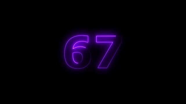 sixty seven number display neon bright flat style purple color animation. Glowing orange neon countdown timer 67 number animation on black background.