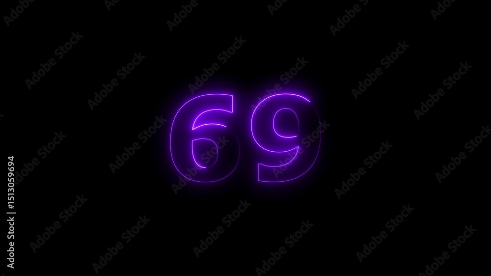 Poster sixty nine number display neon bright flat style purple color animation. glowing orange neon countdo