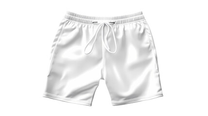 A pair of white athletic shorts with a drawstring waistband  in a studio shot isolated on transparent background
