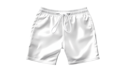 A pair of white athletic shorts with a drawstring waistband  in a studio shot isolated on transparent background