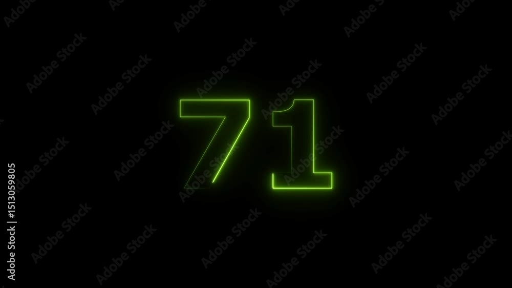 Poster seventy one number display neon bright flat style lime green color animation. glowing lime green neo