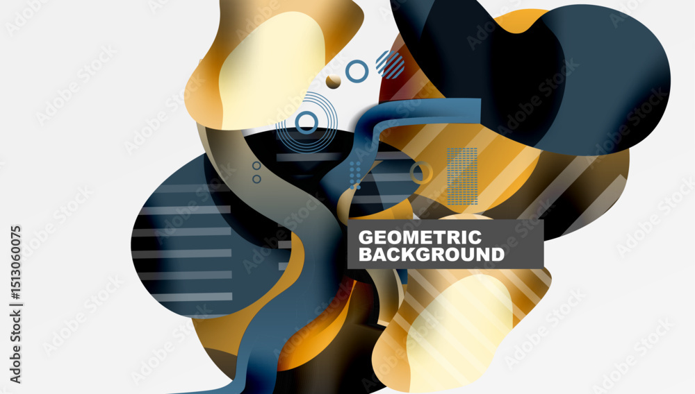 Poster abstract geometric shapes overlap, creating dynamic composition. gold, blue hues dominate design. mo