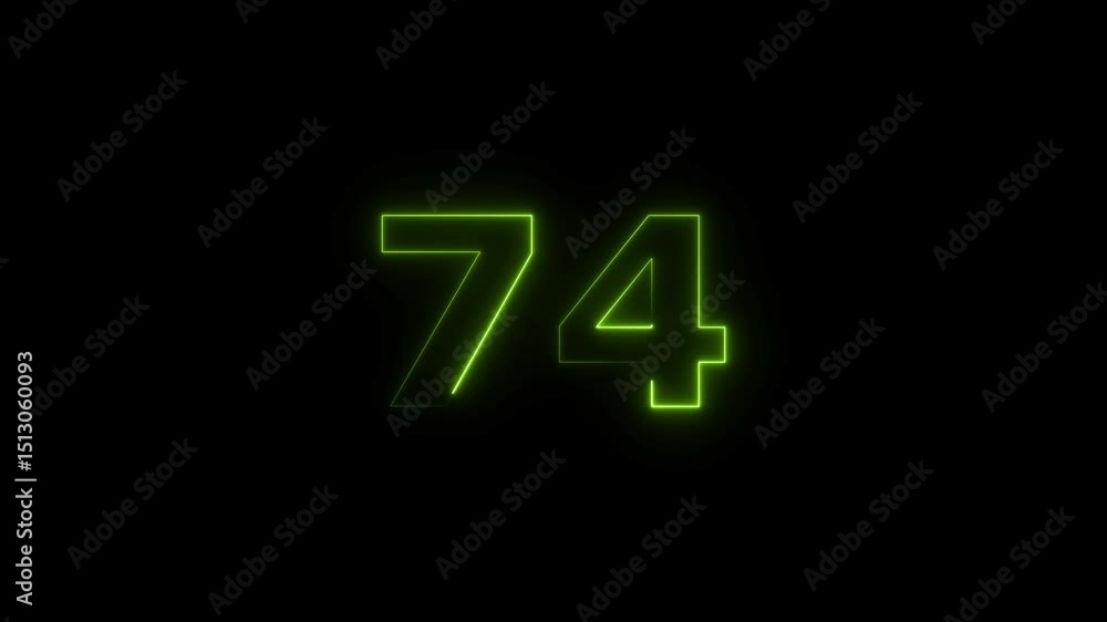 Poster seventy four number display neon bright flat style lime green color animation. glowing lime green ne
