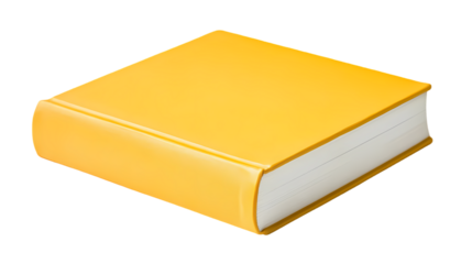 A close up shot of a closed yellow book with white pages  in a studio shot isolated on transparent background